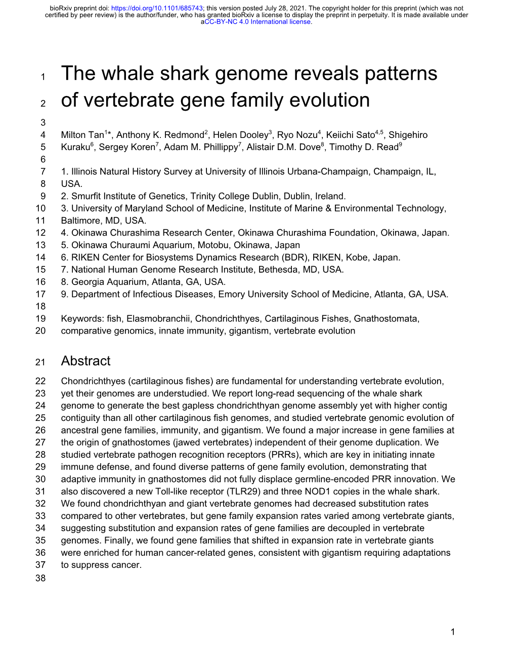 The Whale Shark Genome Reveals Patterns of Vertebrate