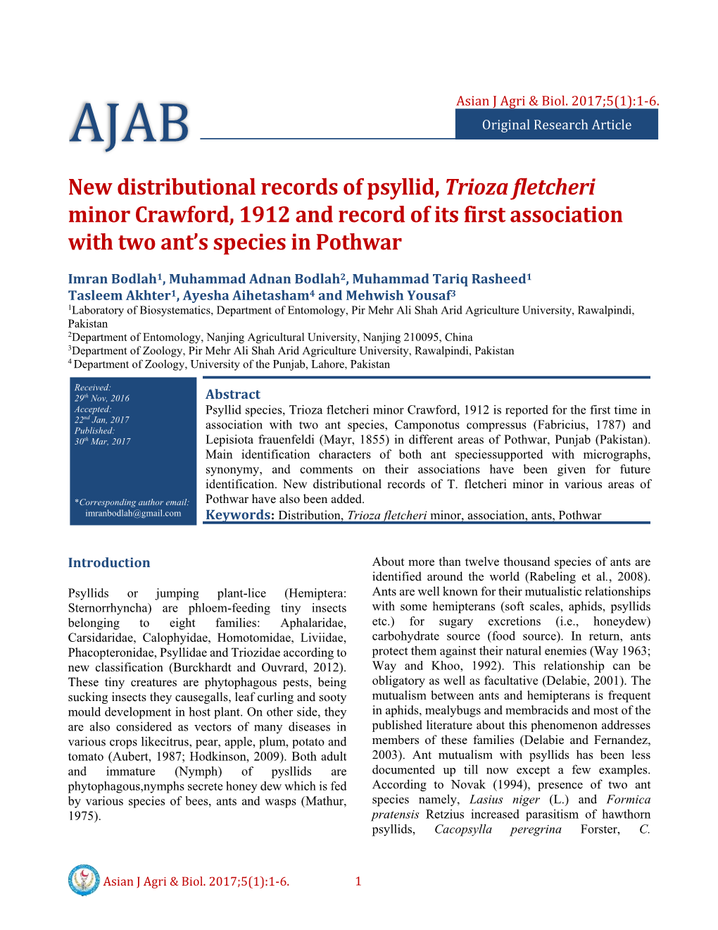 New Distributional Records of Psyllid, Trioza Fletcheri Minor Crawford, 1912 and Record of Its First Association with Two Ant’S Species in Pothwar