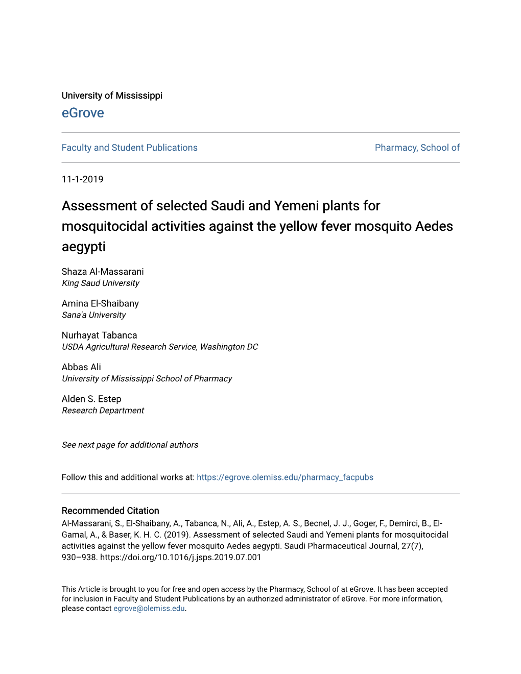Assessment of Selected Saudi and Yemeni Plants for Mosquitocidal Activities Against the Yellow Fever Mosquito Aedes Aegypti