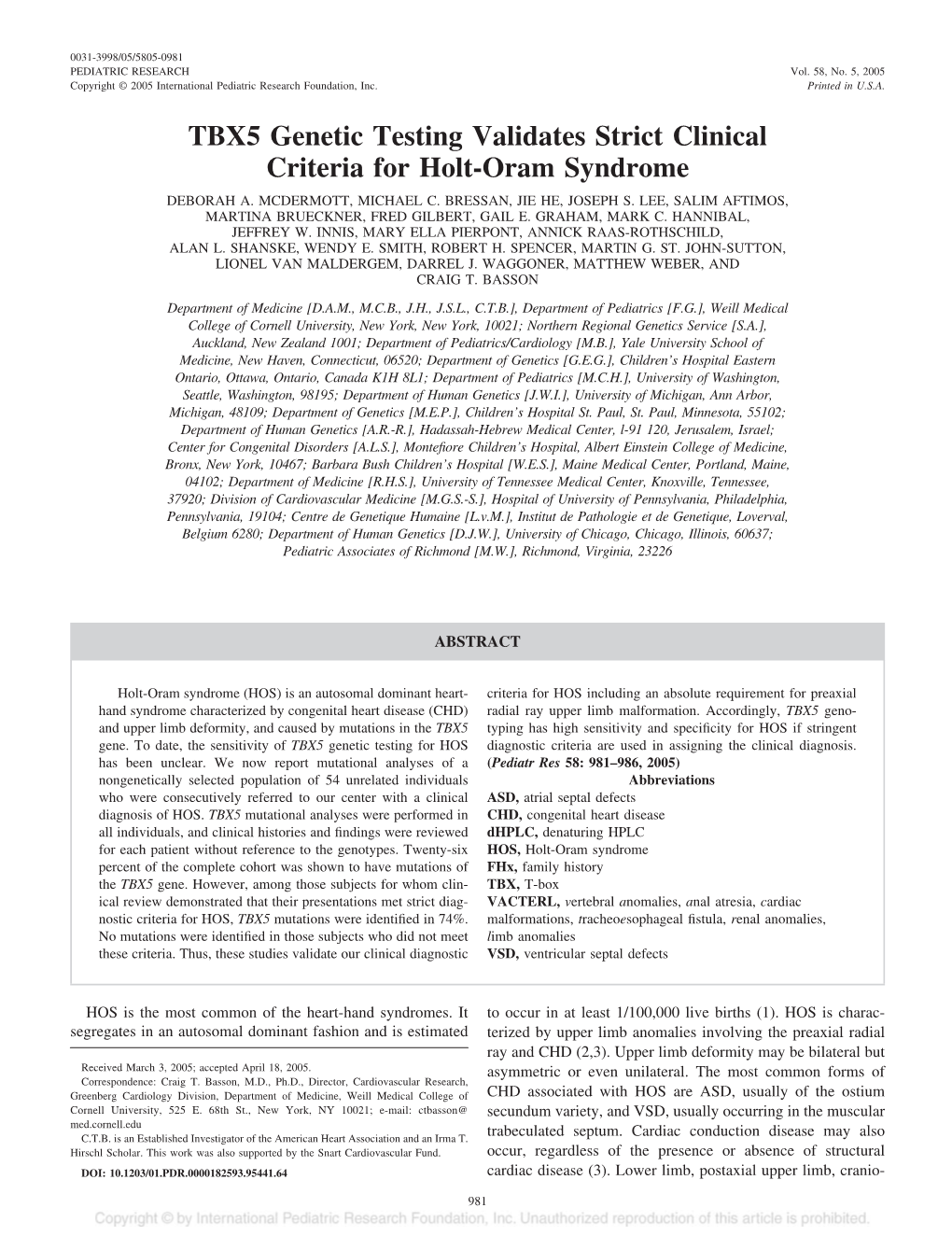 TBX5 Genetic Testing Validates Strict Clinical Criteria for Holt-Oram Syndrome DEBORAH A