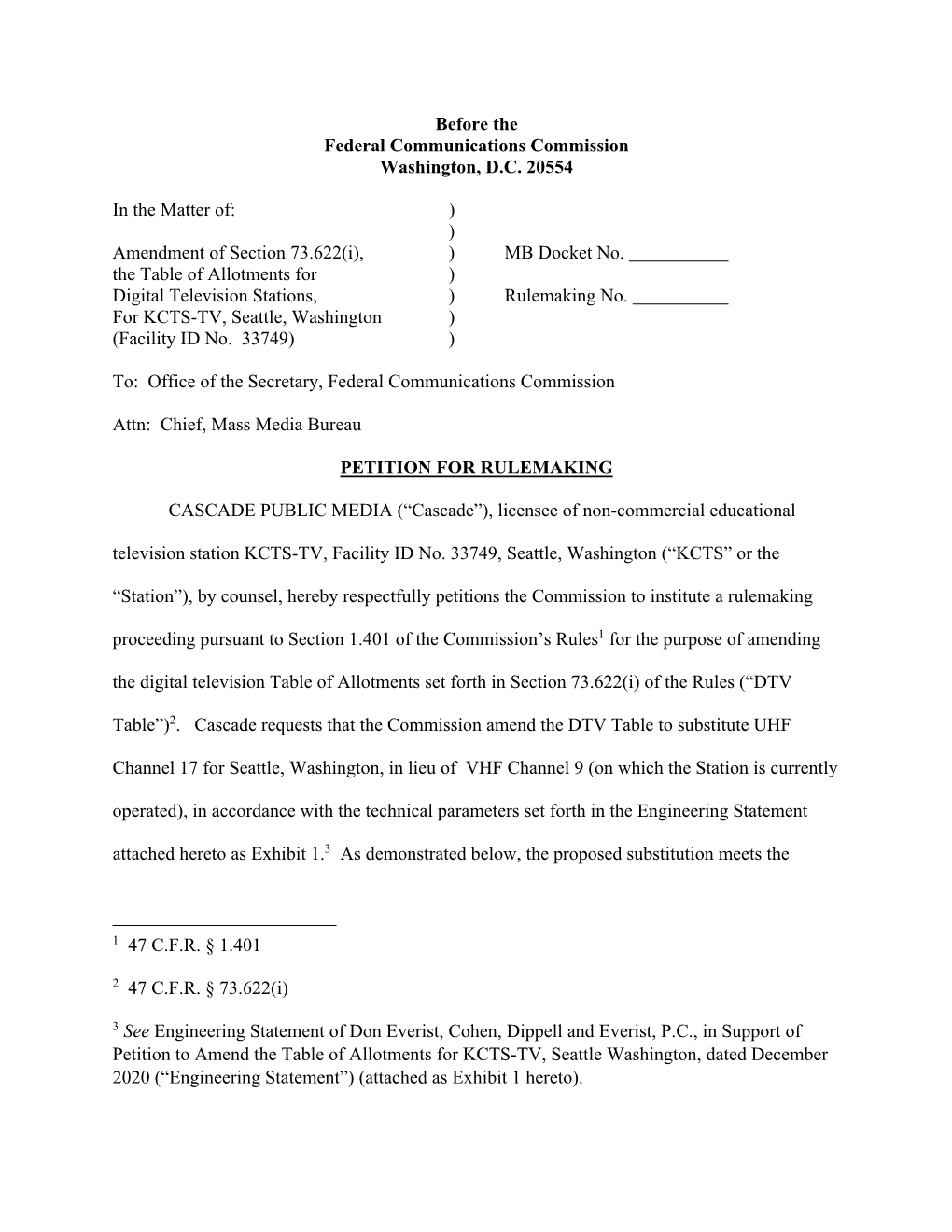 FINAL KCTS-TV Channel Substitution Rulemaking Petition.Pdf