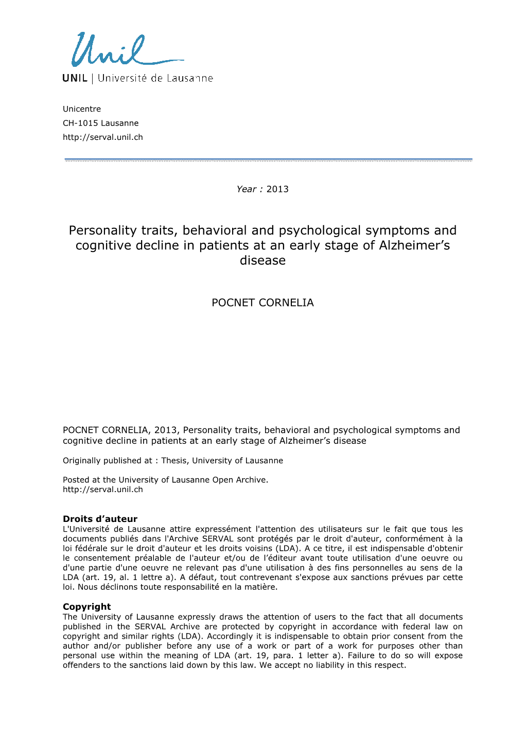 Personality Traits, Behavioral and Psychological Symptoms and Cognitive Decline in Patients at an Early Stage of Alzheimer’S Disease