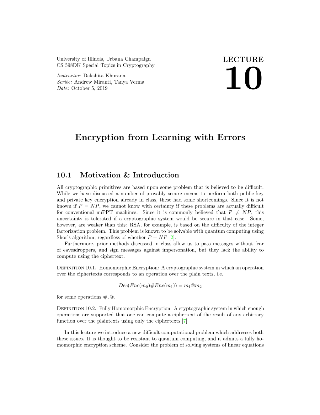 Encryption from Learning with Errors