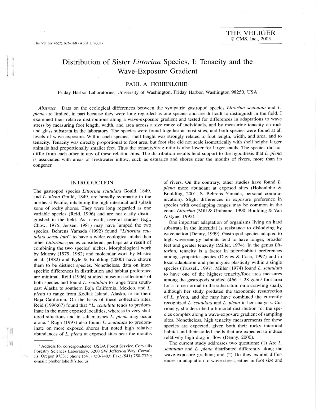 Distribution of Sister Littorina Species, I: Tenacity and the Wave-Exposure