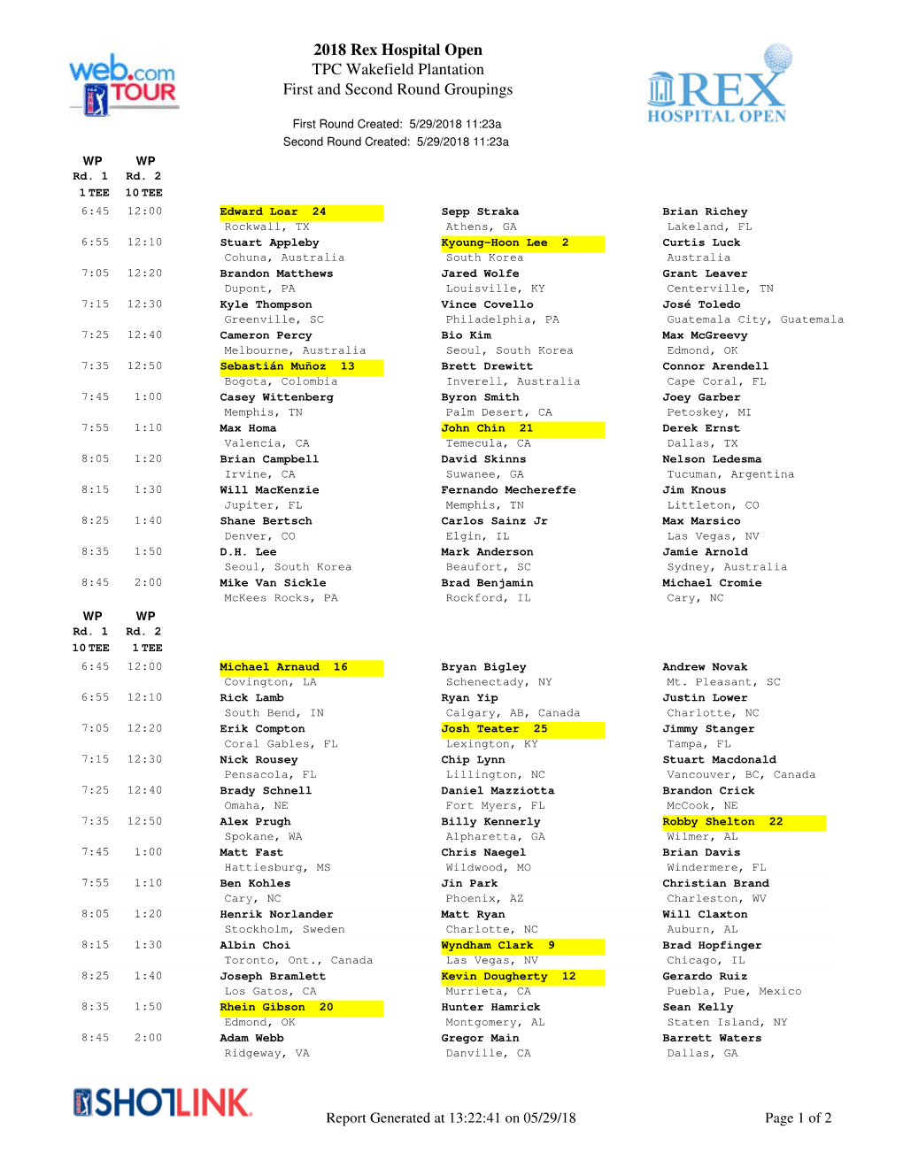 2018 Rex Hospital Open TPC Wakefield Plantation First and Second Round Groupings