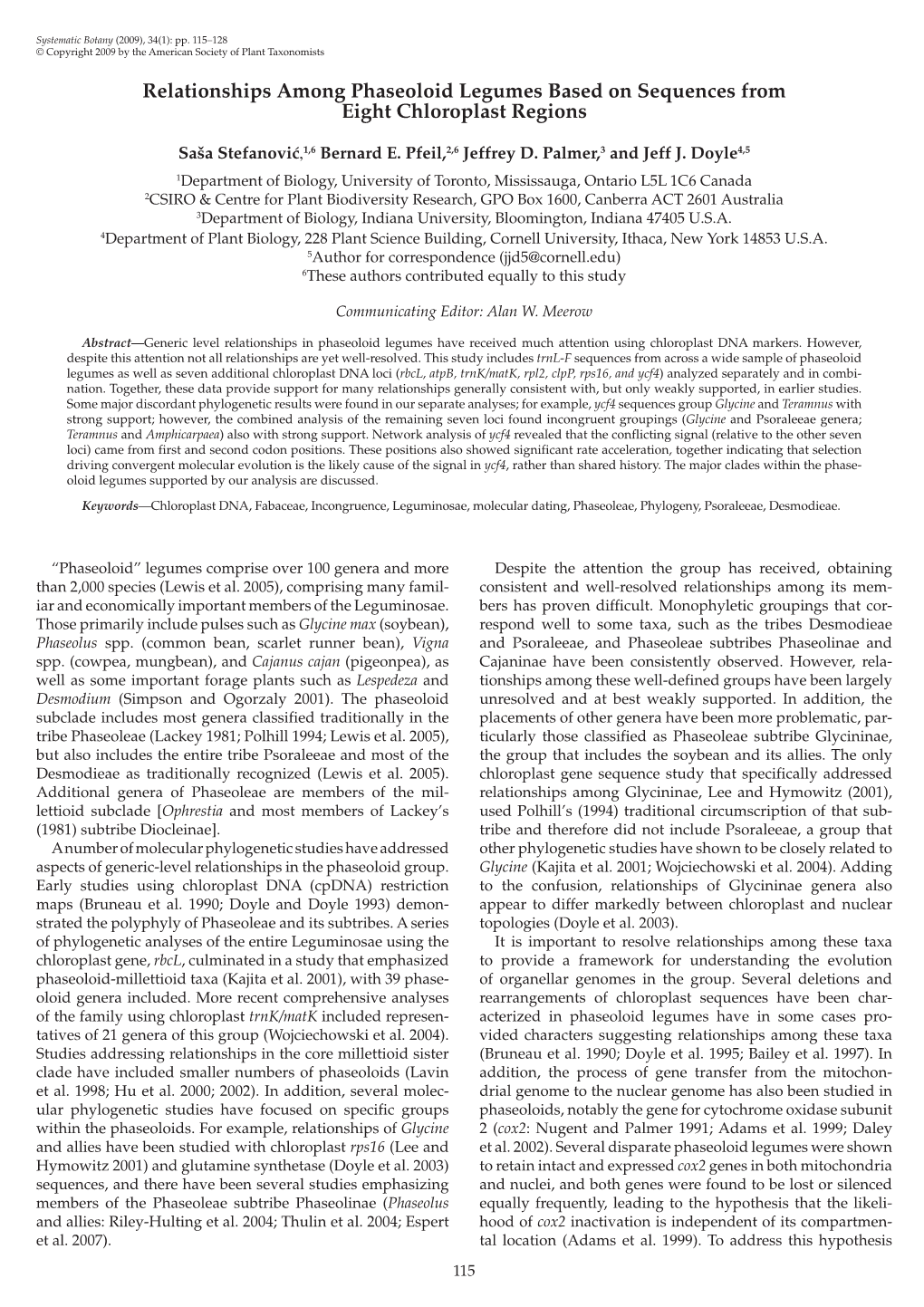 Relationships Among Phaseoloid Legumes Based on Sequences from Eight Chloroplast Regions