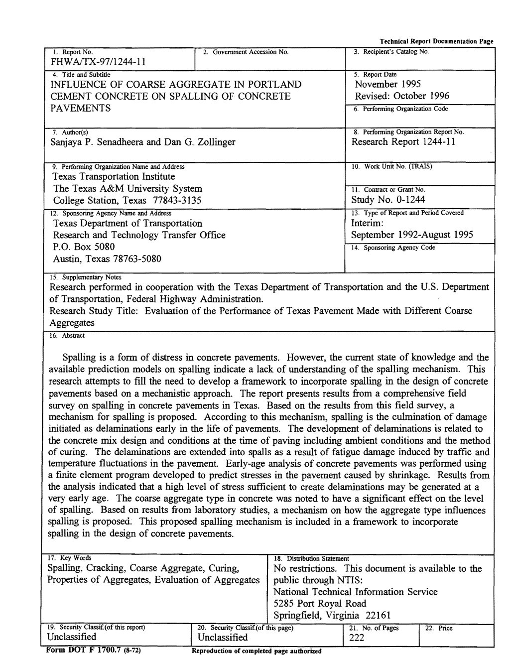 Influence of Coarse Aggregate in Portland Cement Concrete on Spalling of Concrete Pavements