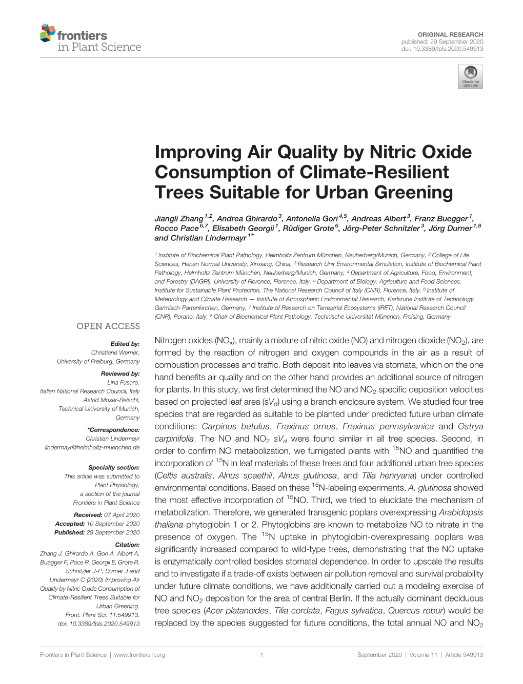Improving Air Quality by Nitric Oxide Consumption of Climate-Resilient Trees Suitable for Urban Greening