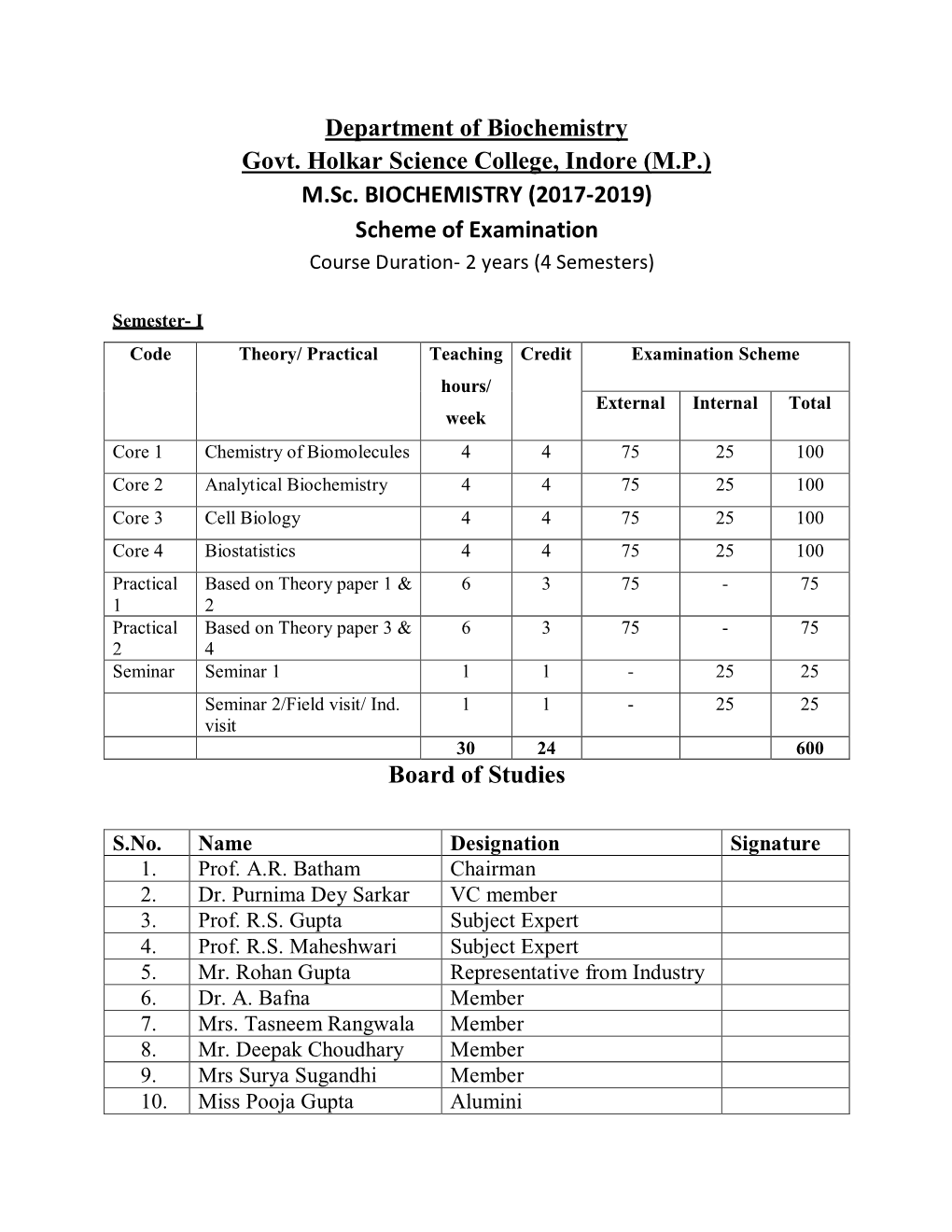Department of Biochemistry Govt. Holkar Science College, Indore (M.P.) M.Sc. BIOCHEMISTRY (2017-2019) Scheme of Examination Boar