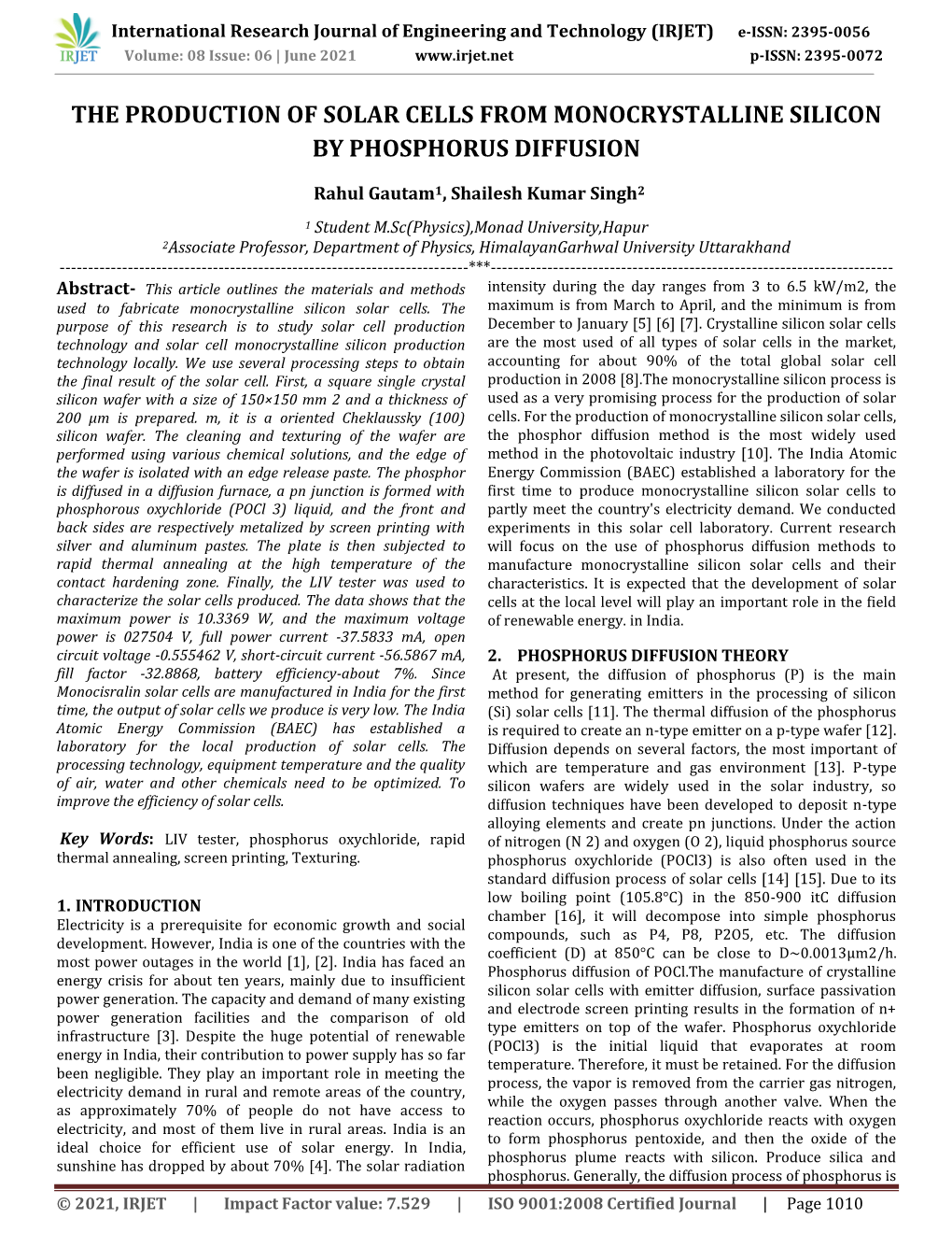 The Production of Solar Cells from Monocrystalline Silicon by Phosphorus Diffusion