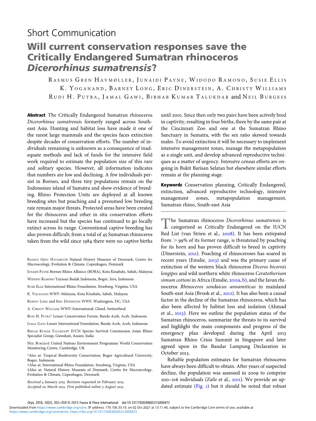 Short Communication Will Current Conservation Responses Save the Critically Endangered Sumatran Rhinoceros Dicerorhinus Sumatrensis?