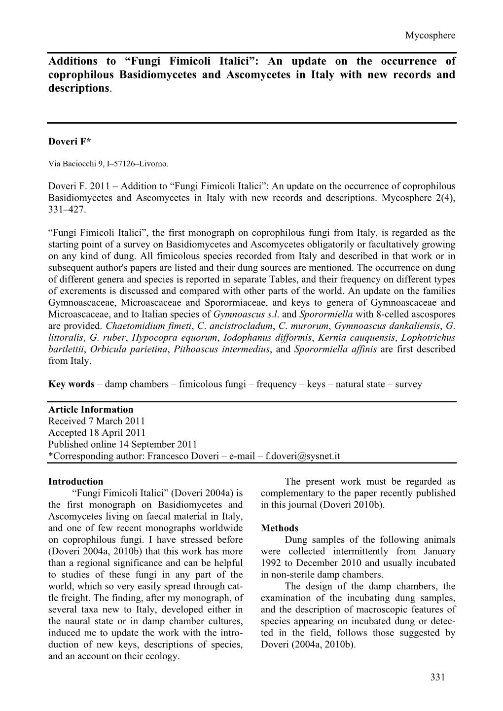 “Fungi Fimicoli Italici”: an Update on the Occurrence of Coprophilous Basidiomycetes and Ascomycetes in Italy with New Records and Descriptions