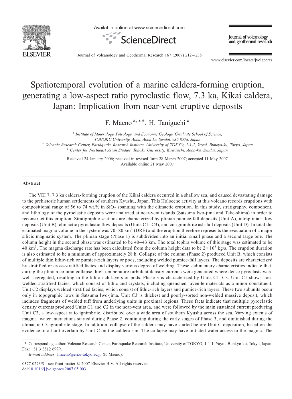 Spatiotemporal Evolution of a Marine Caldera-Forming Eruption, Generating a Low-Aspect Ratio Pyroclastic Flow, 7.3 Ka, Kikai