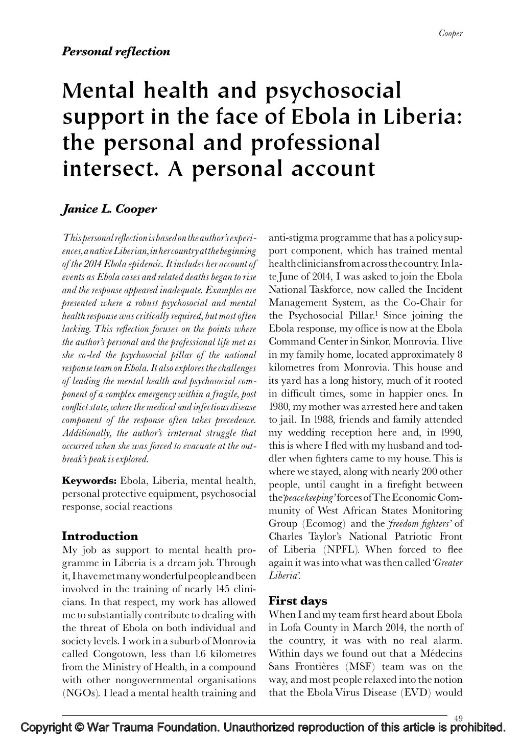 Mental Health and Psychosocial Support in the Face of Ebola in Liberia: the Personal and Professional Intersect