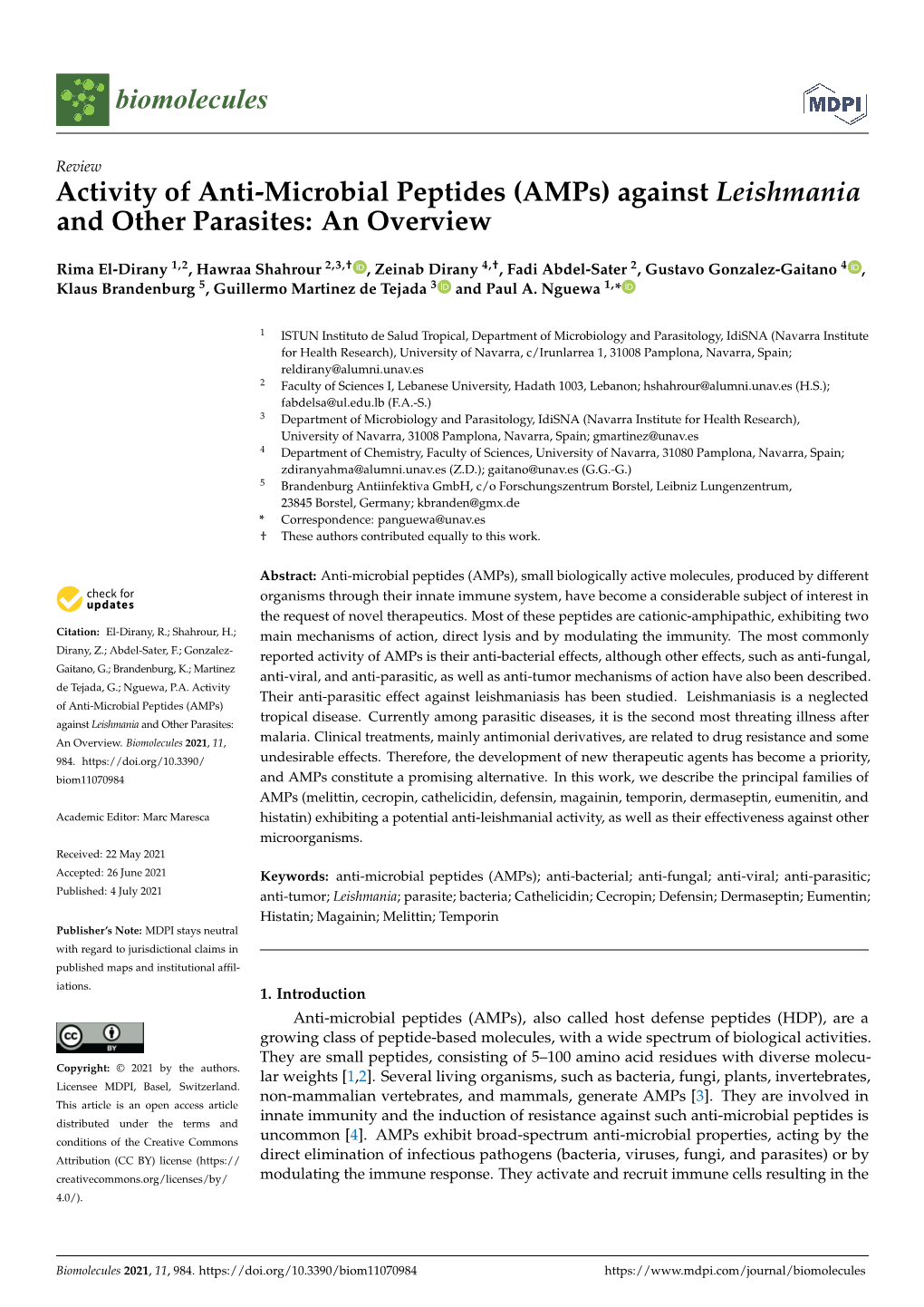 Activity of Anti-Microbial Peptides (Amps) Against Leishmania and Other Parasites: an Overview