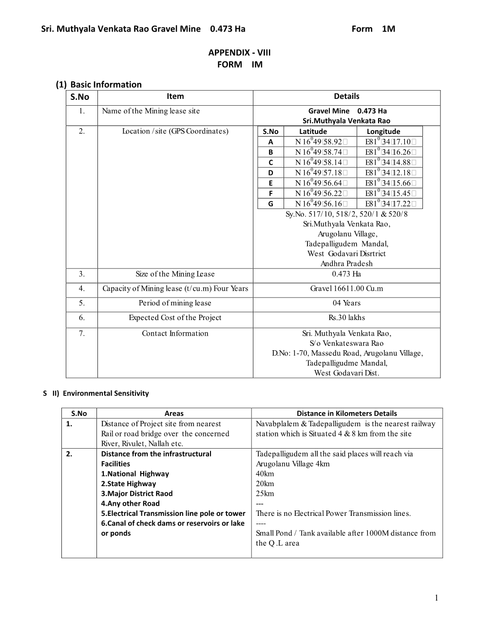 Sri. Muthyala Venkata Raogravel Mine 0.473Ha Form 1M APPENDIX