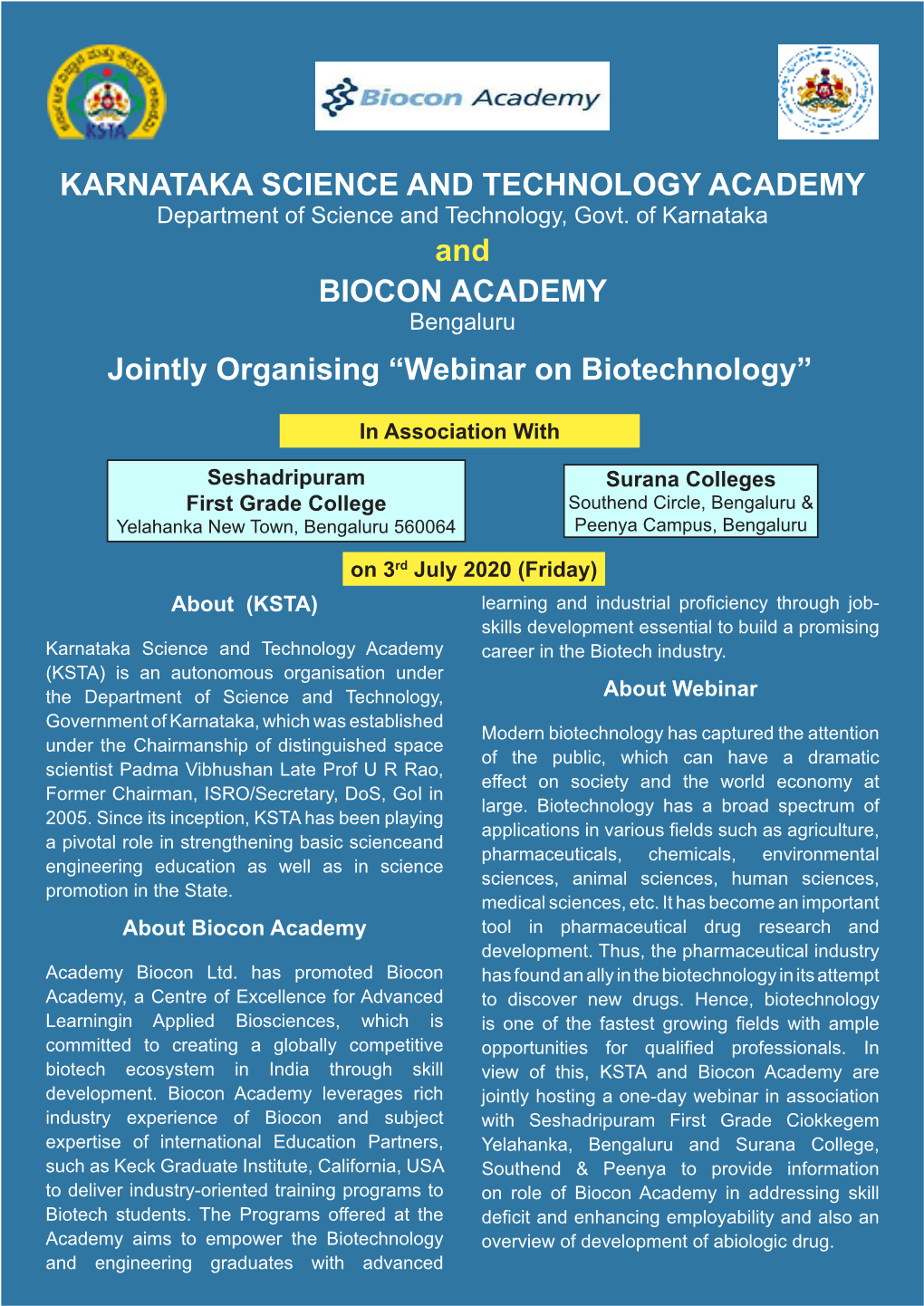 “Webinar on Biotechnology” and BIOCON ACADEMY