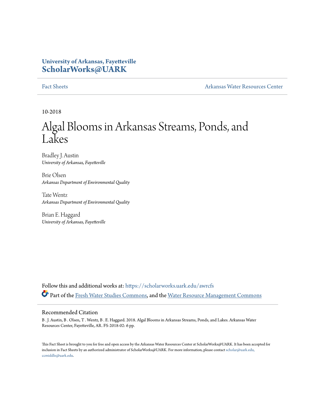 Algal Blooms in Arkansas Streams, Ponds, and Lakes Bradley J