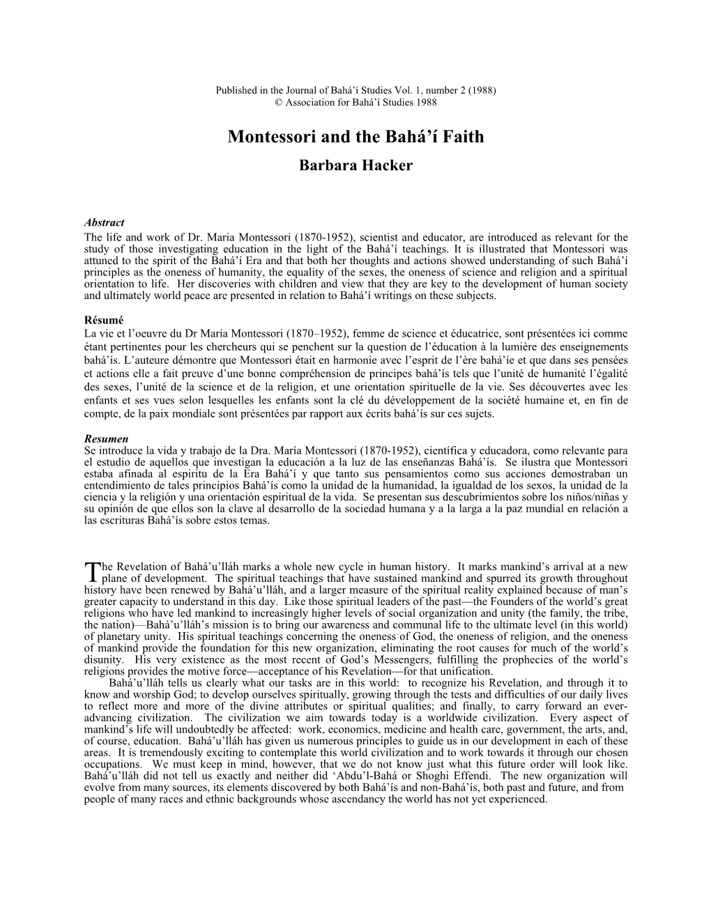 Montessori and the Bahá'í Faith