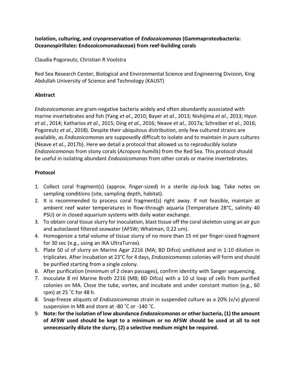 Isolation, Culturing, and Cryopreservation of Endozoicomonas (Gammaproteobacteria: Oceanospirillales: Endozoicomonadaceae) from Reef-Building Corals