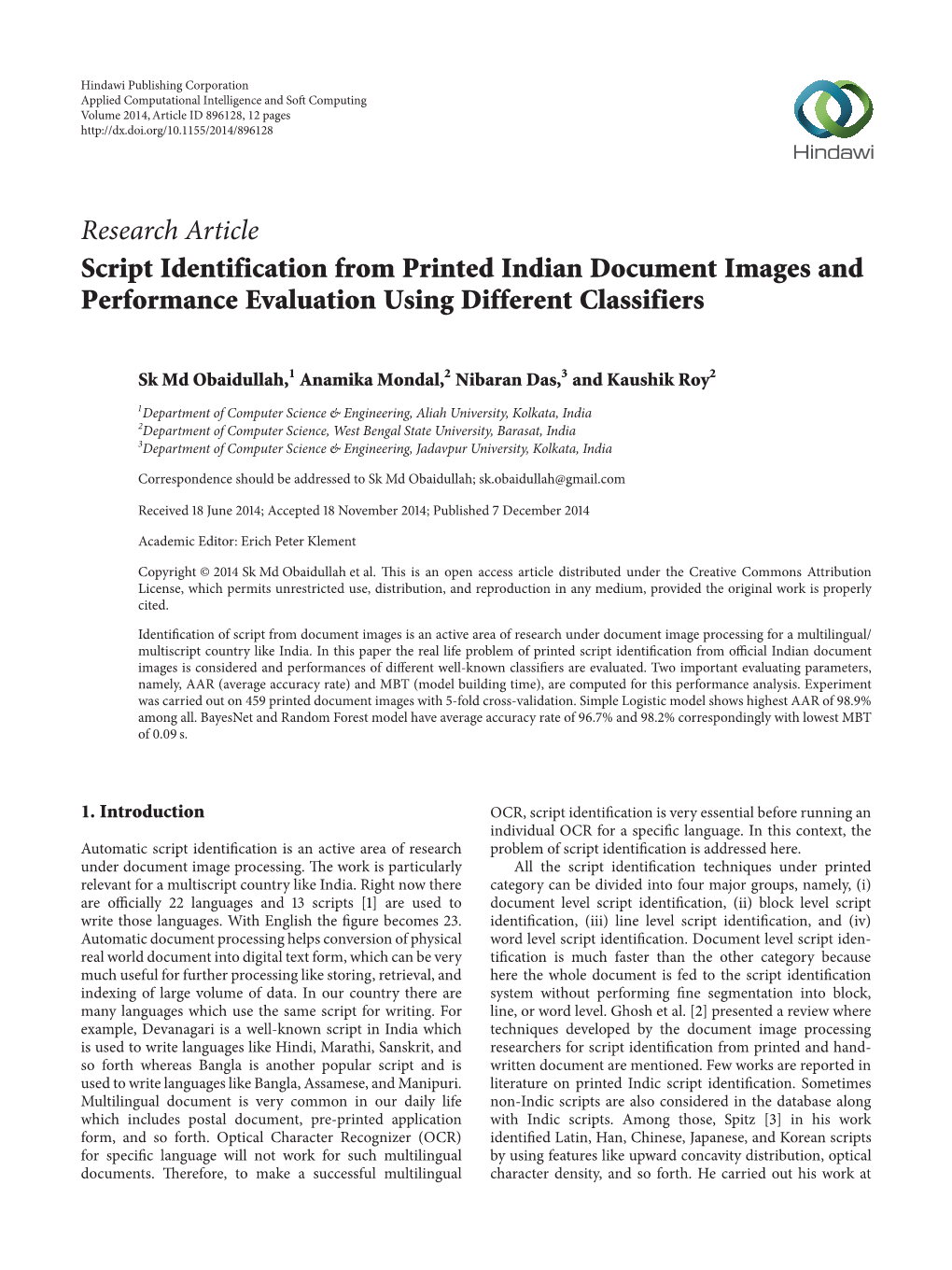 Script Identification from Printed Indian Document Images and Performance Evaluation Using Different Classifiers