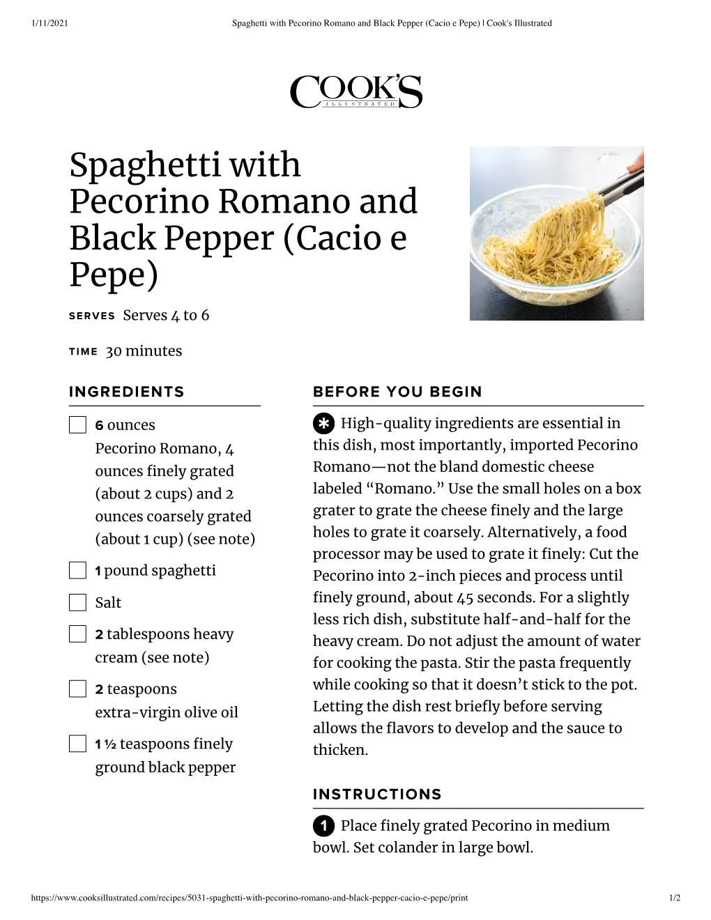 Spaghetti with Pecorino Romano and Black Pepper (Cacio E Pepe) | Cook's Illustrated