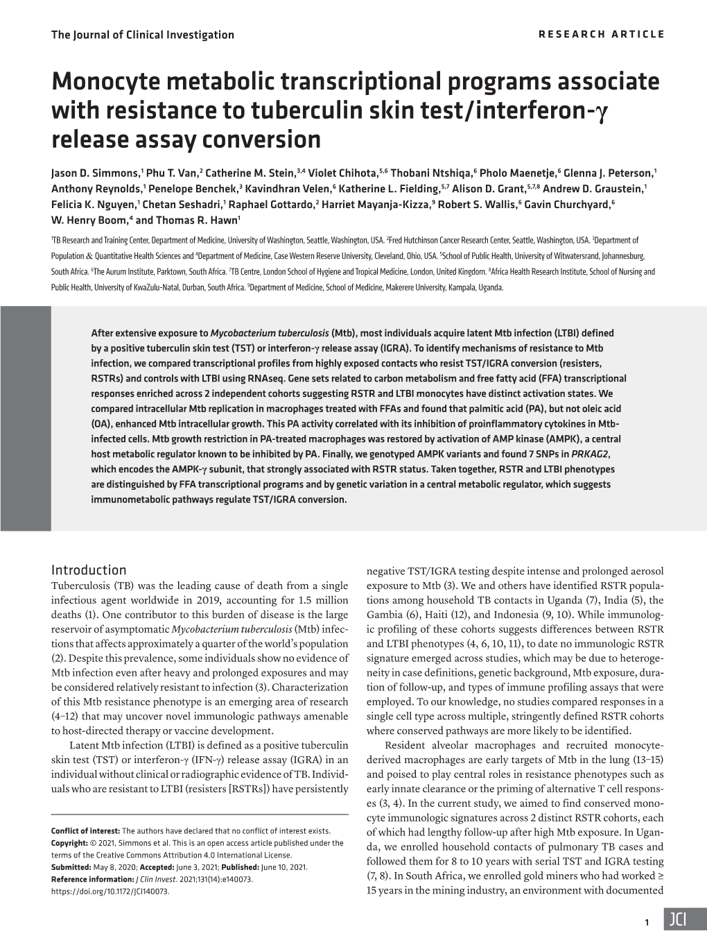 Monocyte Metabolic Transcriptional Programs Associate with Resistance to Tuberculin Skin Test/Interferon-Γ Release Assay Conversion