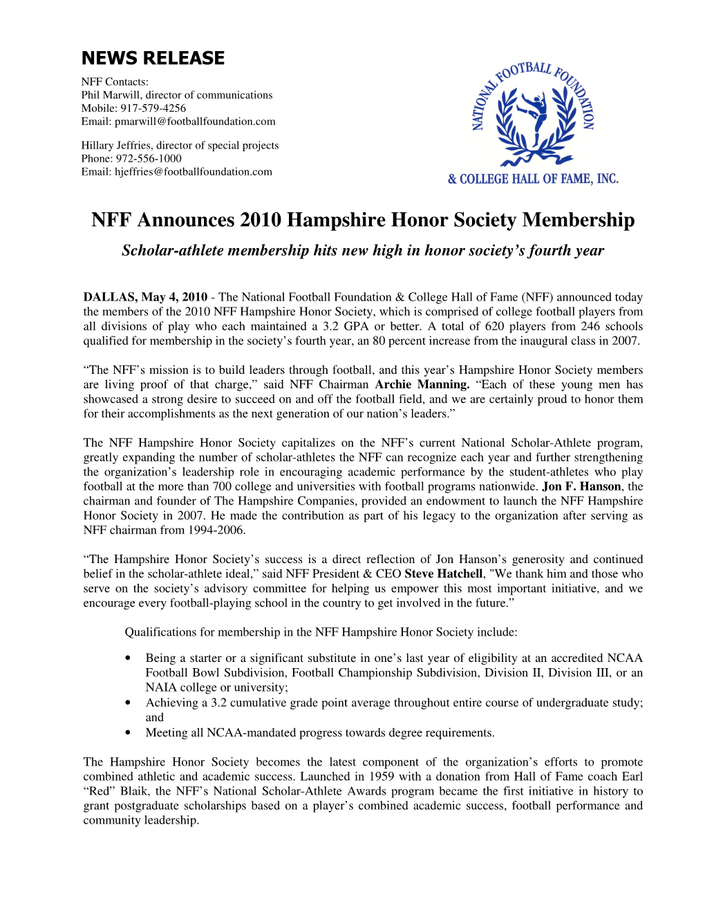 NFF Announces 2010 Hampshire Honor Society Membership