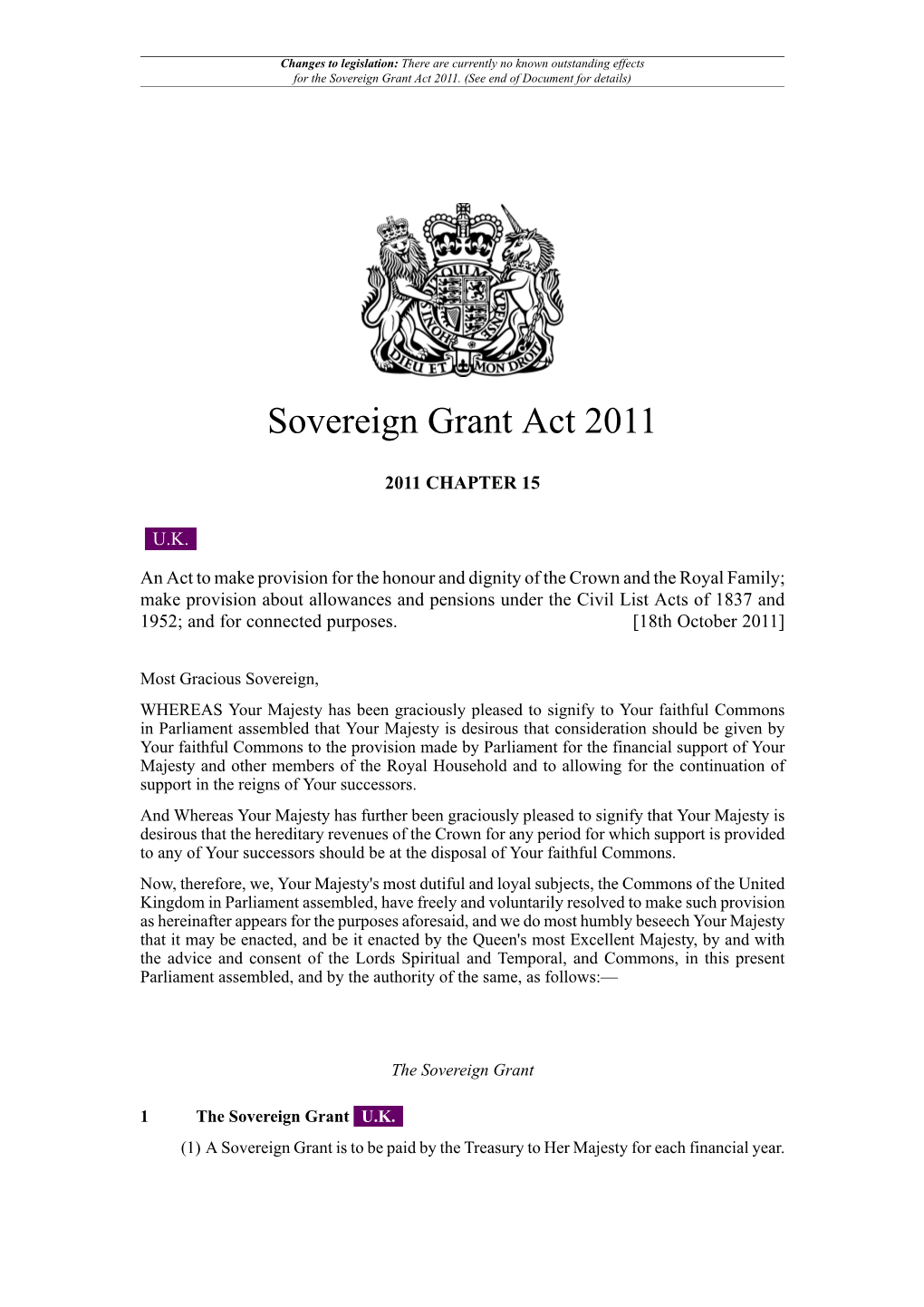 Sovereign Grant Act 2011