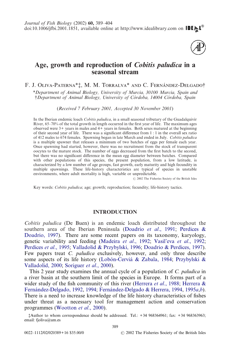 Age, Growth and Reproduction of Cobitis Paludica in a Seasonal Stream