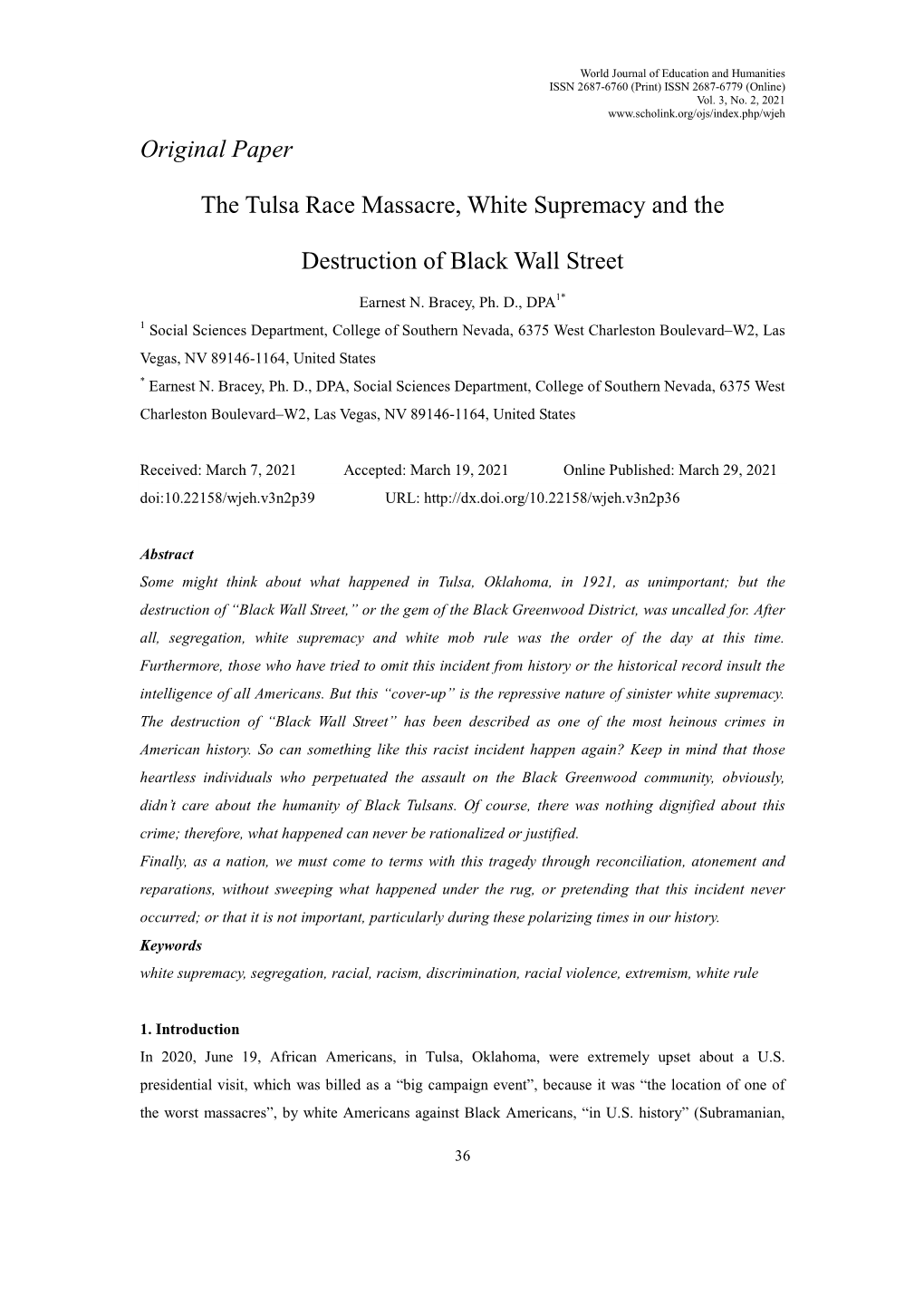 Original Paper the Tulsa Race Massacre, White Supremacy and the Destruction of Black Wall Street