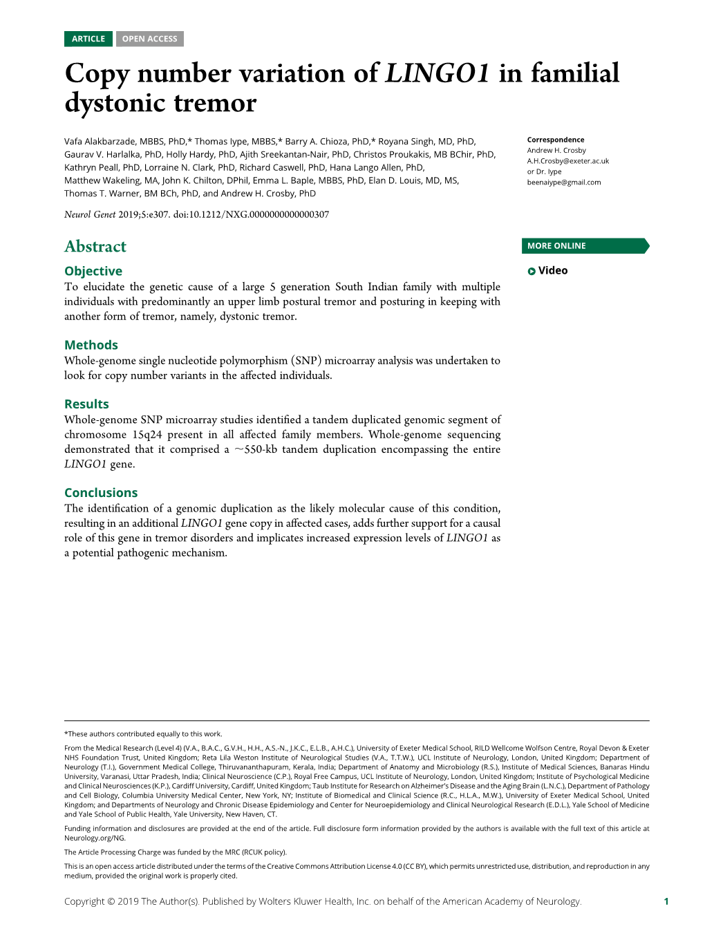 Copy Number Variation of LINGO1 in Familial Dystonic Tremor