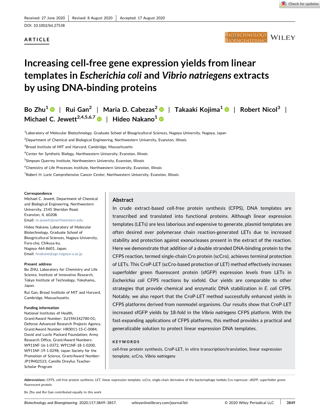 Increasing Cell‐Free Gene Expression Yields from Linear Templates in Escherichia Coli and Vibrio Natriegens Extracts by Using DNA‐Binding Proteins