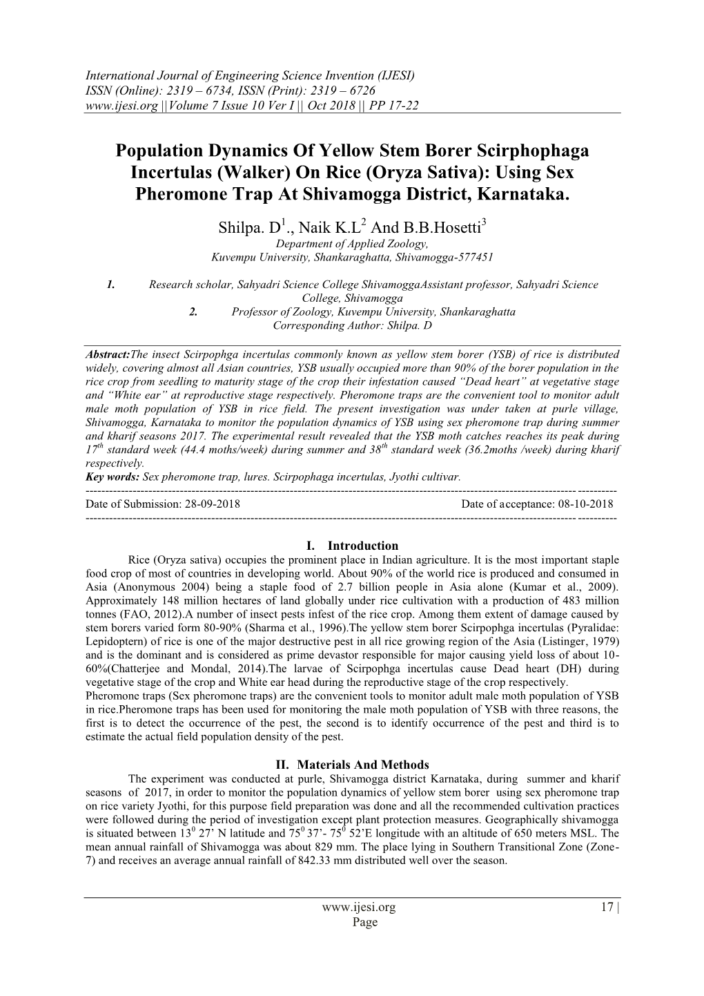 Population Dynamics of Yellow Stem Borer Scirphophaga Incertulas (Walker) on Rice (Oryza Sativa): Using Sex Pheromone Trap at Shivamogga District, Karnataka