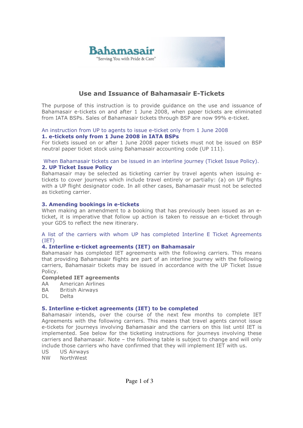 Page 1 of 3 Use and Issuance of Bahamasair E-Tickets