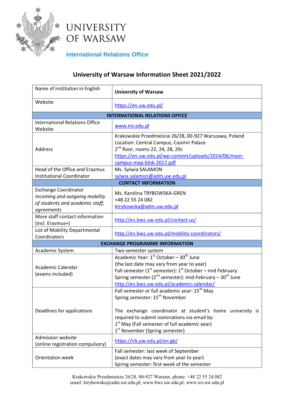 University of Warsaw Information Sheet 2021/2022