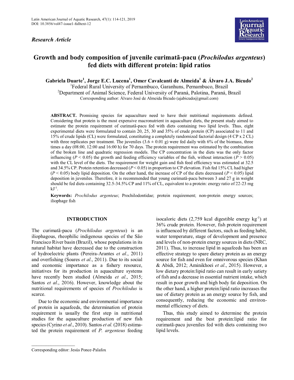 Prochilodus Argenteus) Fed Diets with Different Protein: Lipid Ratios