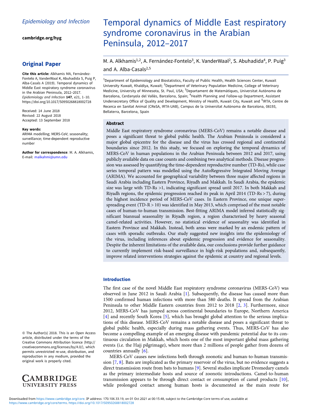 Temporal Dynamics of Middle East Respiratory Syndrome Coronavirus in the Arabian Cambridge.Org/Hyg Peninsula, 2012–2017