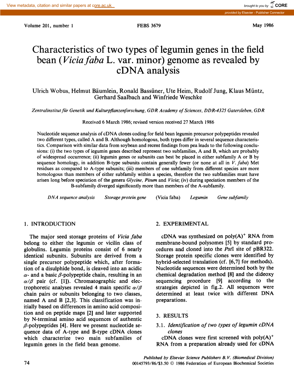 Characteristics of Two Types of Legumin Genes in the Field Bean (Vkiafaba L