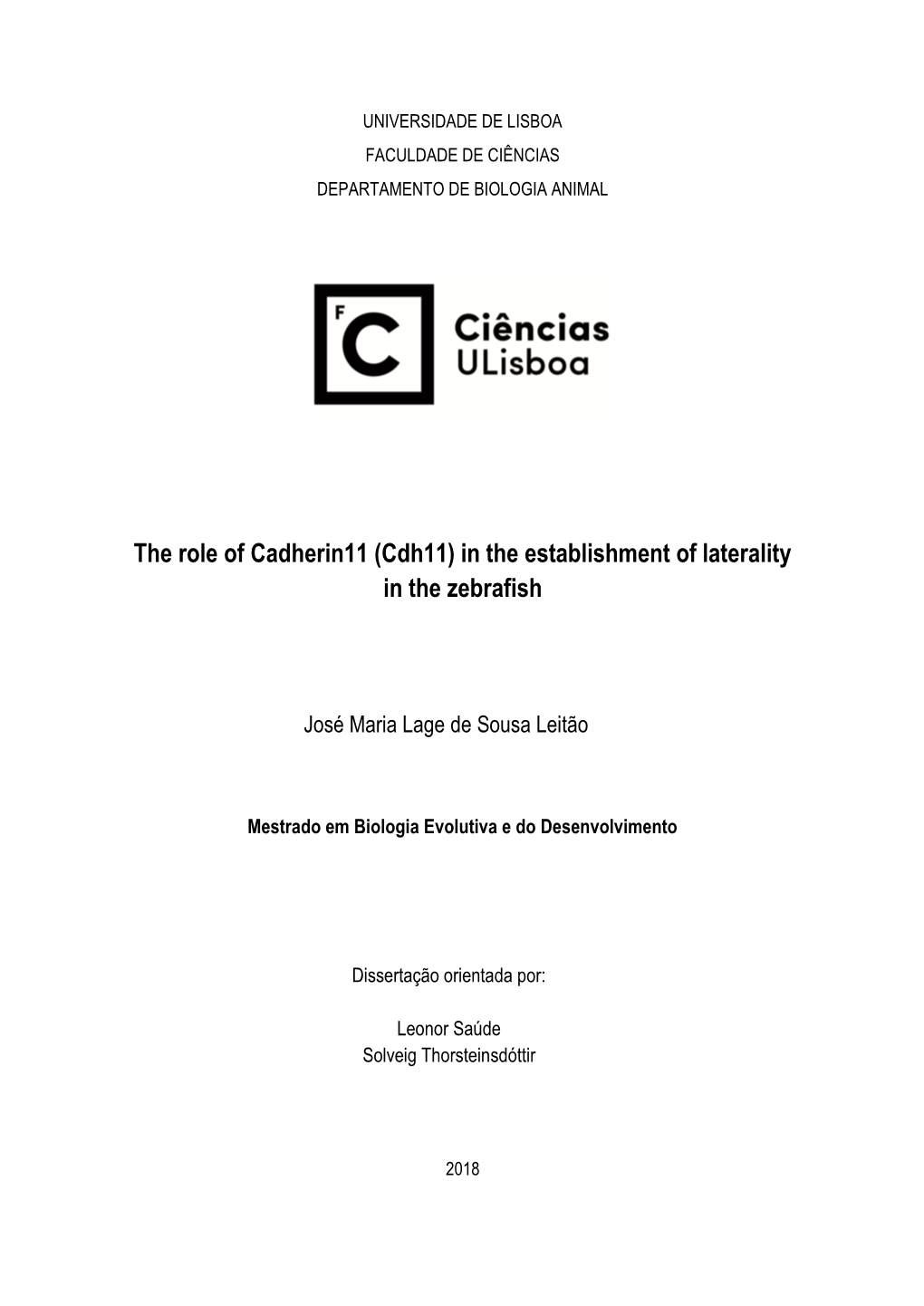 Cdh11) in the Establishment of Laterality in the Zebrafish