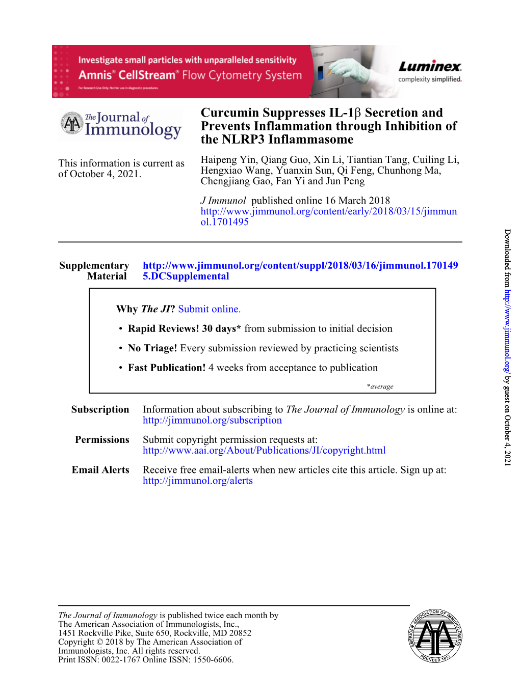 Curcumin Suppresses IL-1Β Secretion and Prevents Inflammation Through Inhibition of the NLRP3 Inflammasome