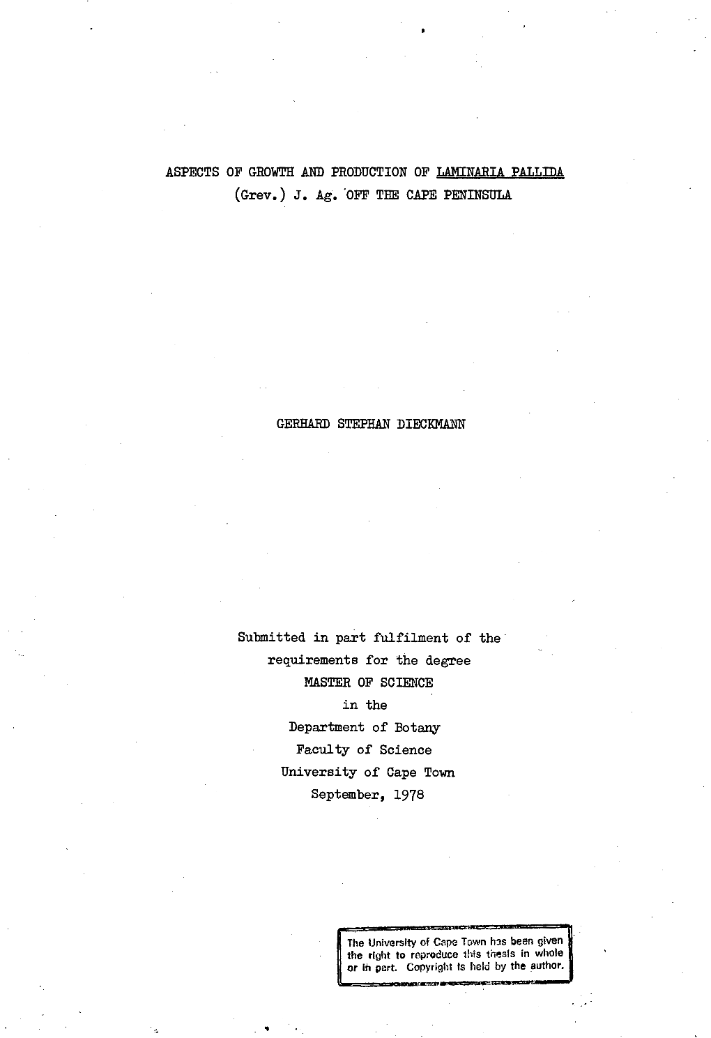 Aspects of Growth and Production of Laminaria Pallida (Grev.) J. Ag Off