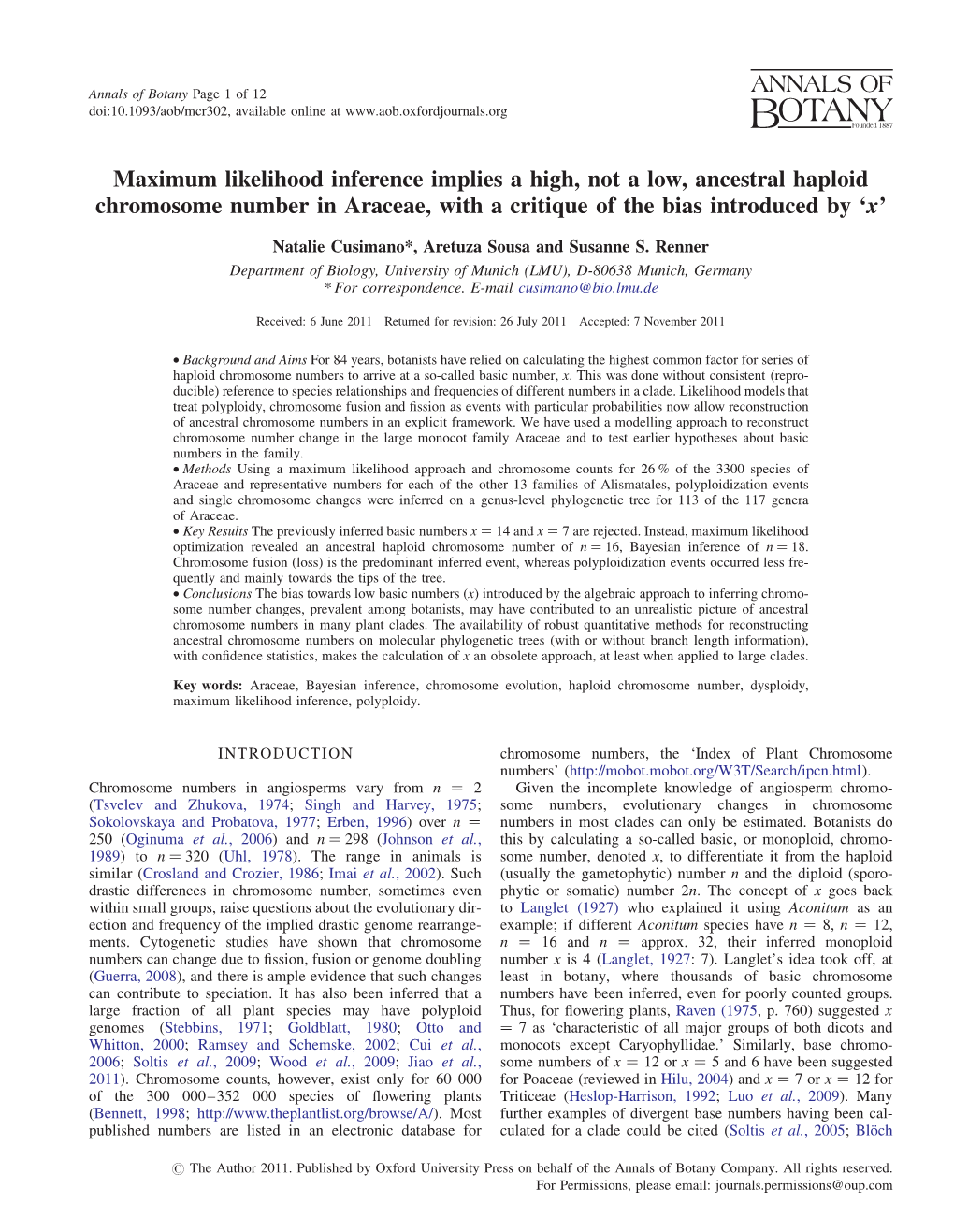 Maximum Likelihood Inference Implies a High, Not a Low, Ancestral Haploid Chromosome Number in Araceae, with a Critique of the Bias Introduced by ‘X’