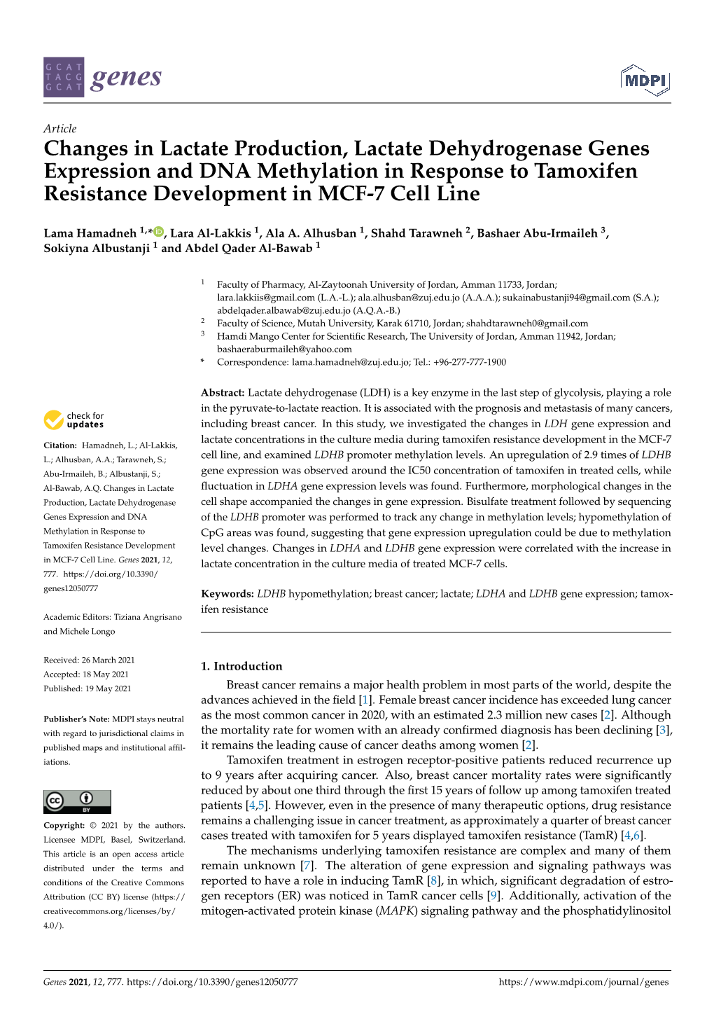 Changes in Lactate Production, Lactate Dehydrogenase Genes Expression and DNA Methylation in Response to Tamoxifen Resistance Development in MCF-7 Cell Line