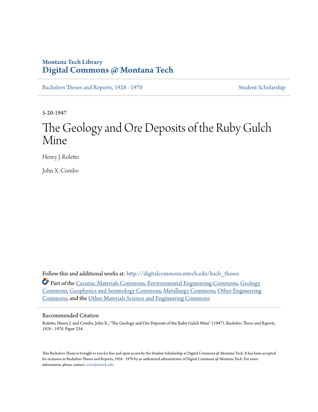 The Geology and Ore Deposits of the Ruby Gulch Mine Henry J