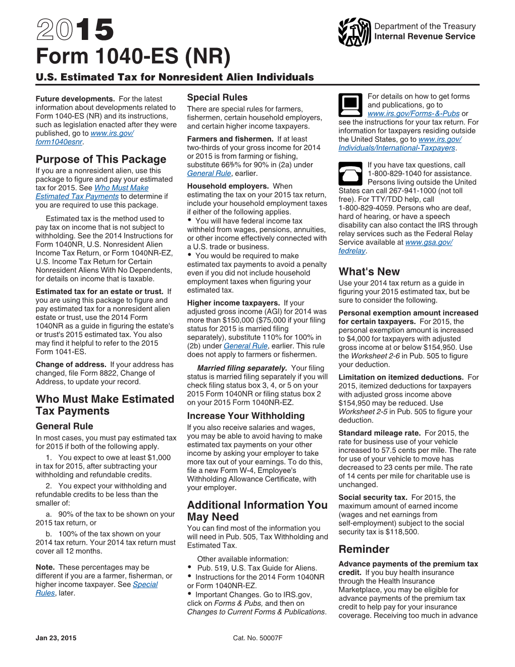 2015 Form 1040-ES (NR)” and 1-800-244-4829 (Español)