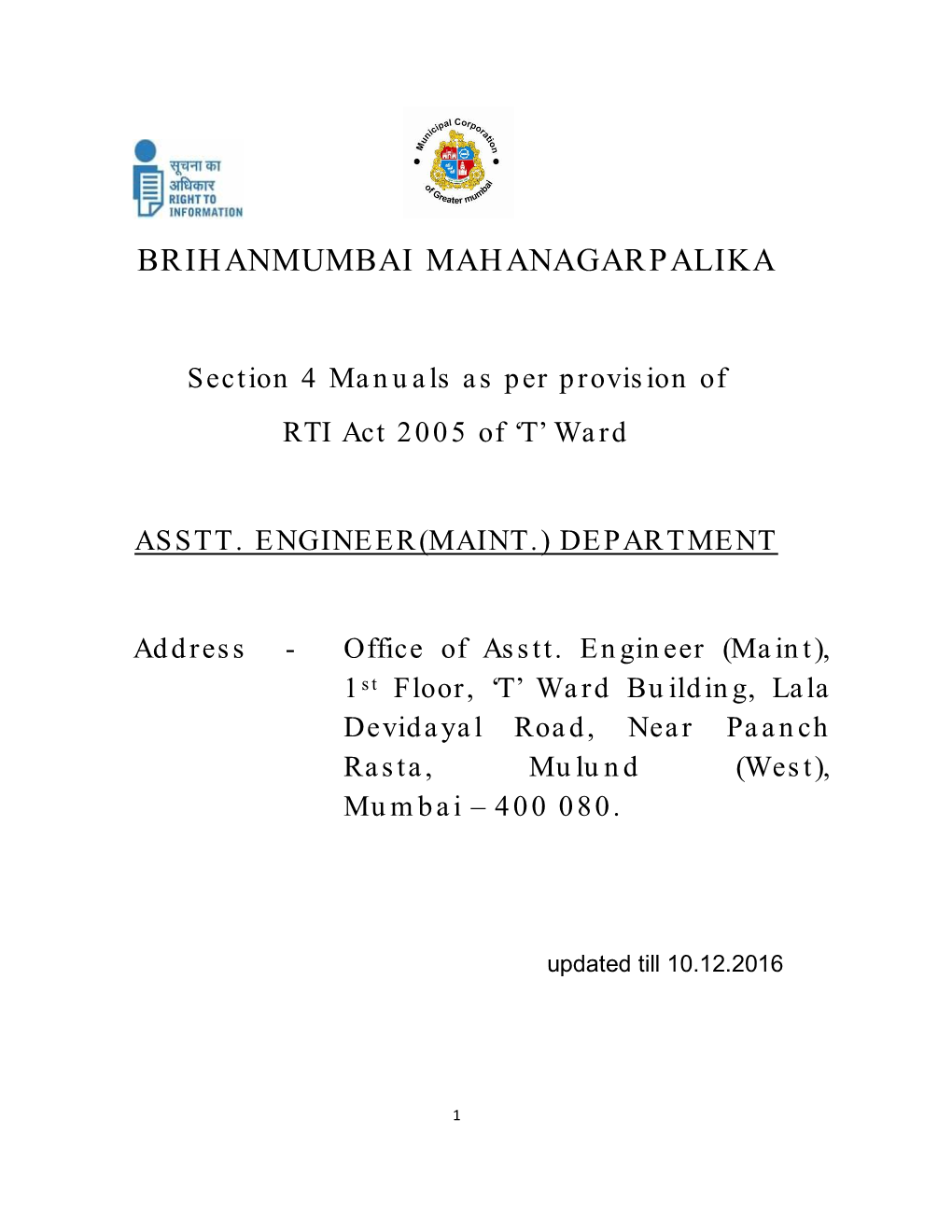 Section 4 Manuals As Per Provision of RTI Act 2005 of ‘T’ Ward