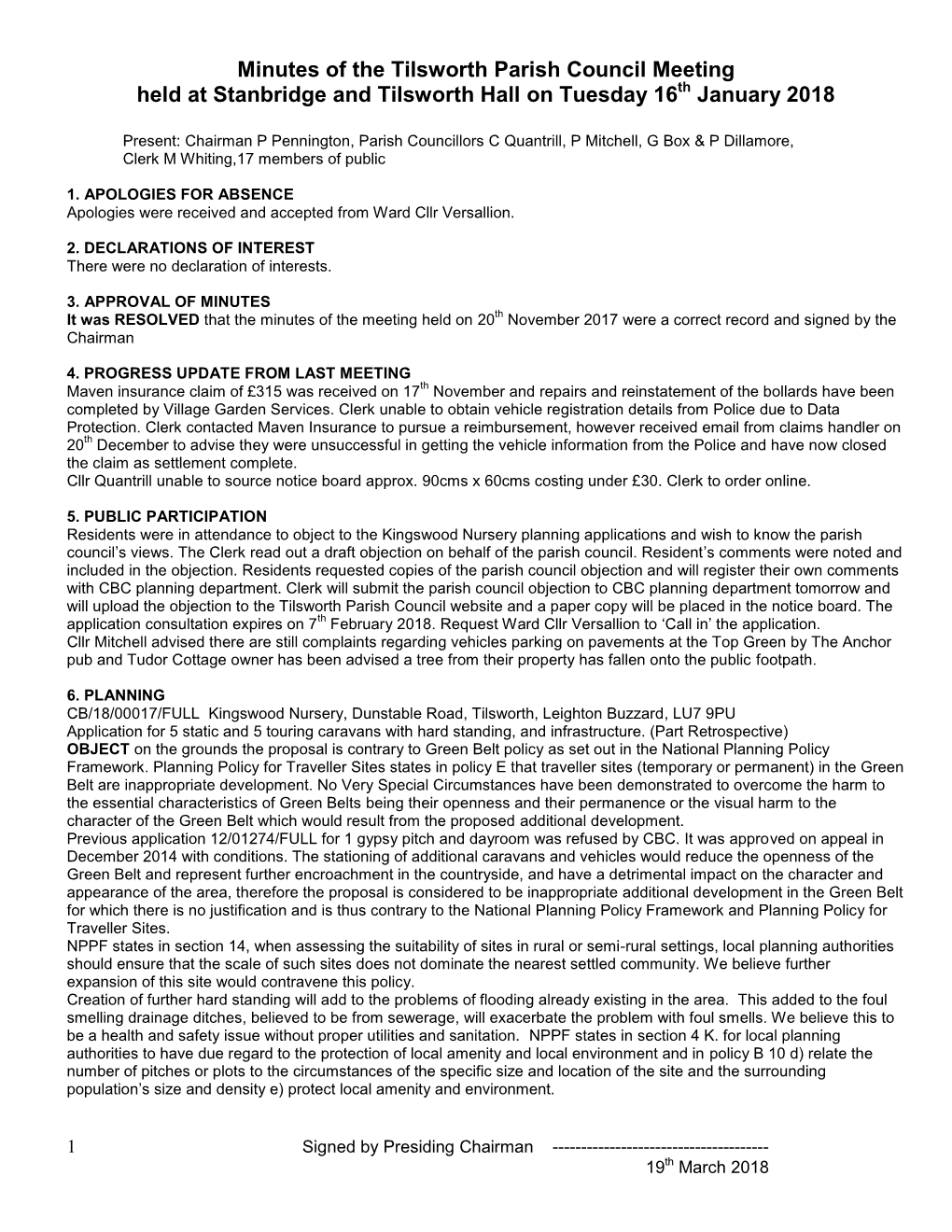 Minutes of the Tilsworth Parish Council Meeting Held at Stanbridge and Tilsworth Hall on Tuesday 16Th January 2018