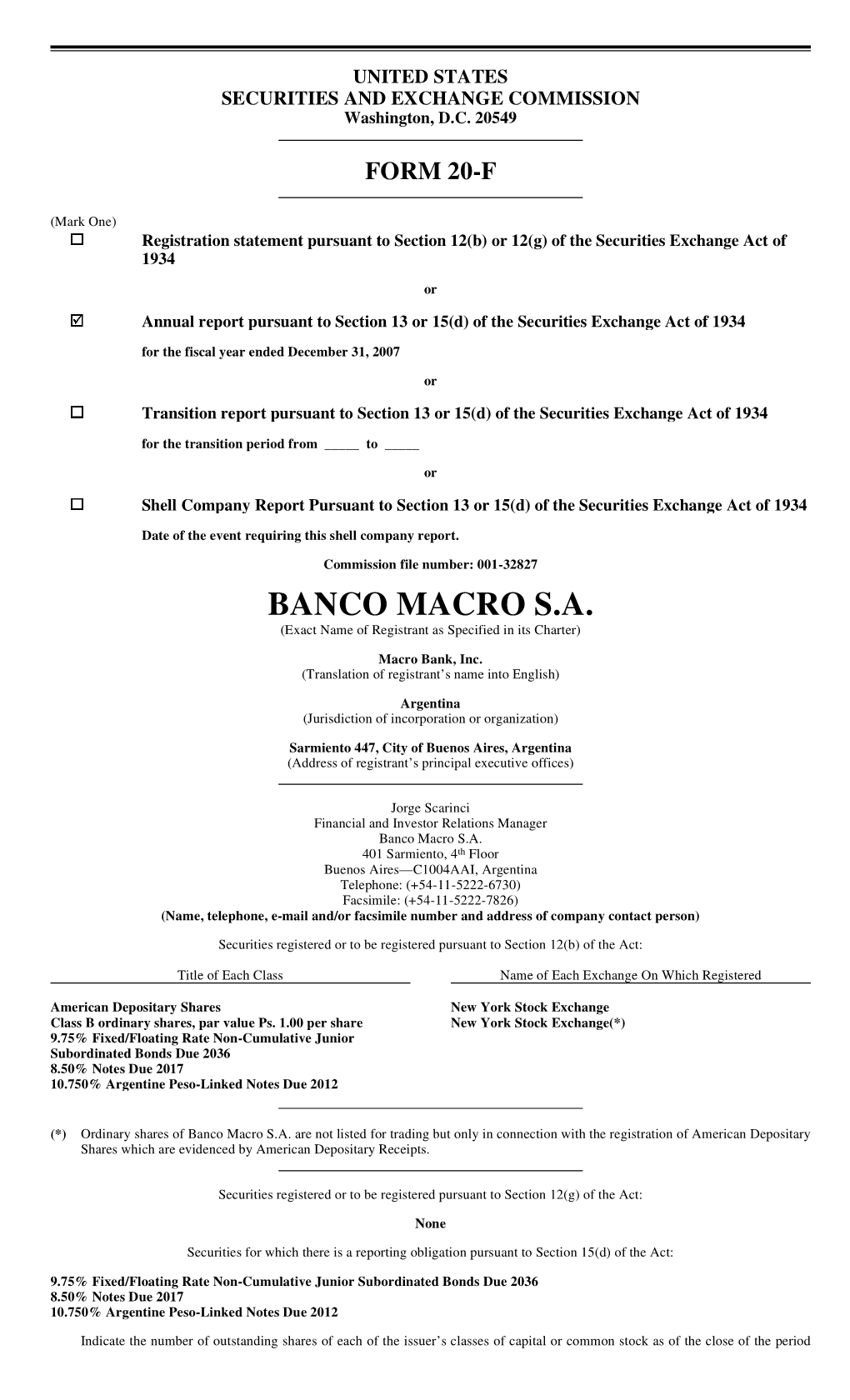 BANCO MACRO S.A. (Exact Name of Registrant As Specified in Its Charter)