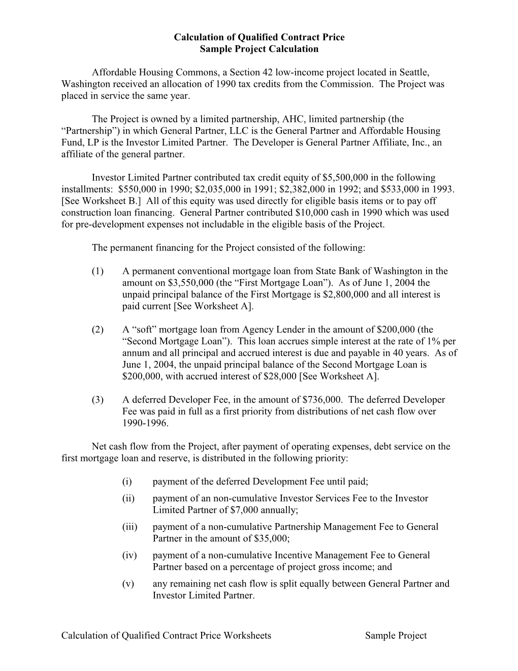 WSHFC | AMC | Tax Credit Compliance: Qualified Contract Price Worksheets Sample